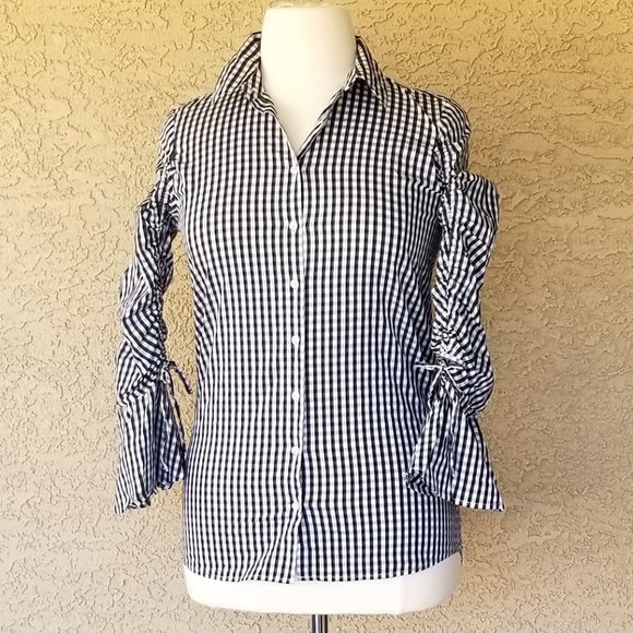 Calvin Klein Bell-Sleeve Gingham Blouse Size M - Picture 3 of 15